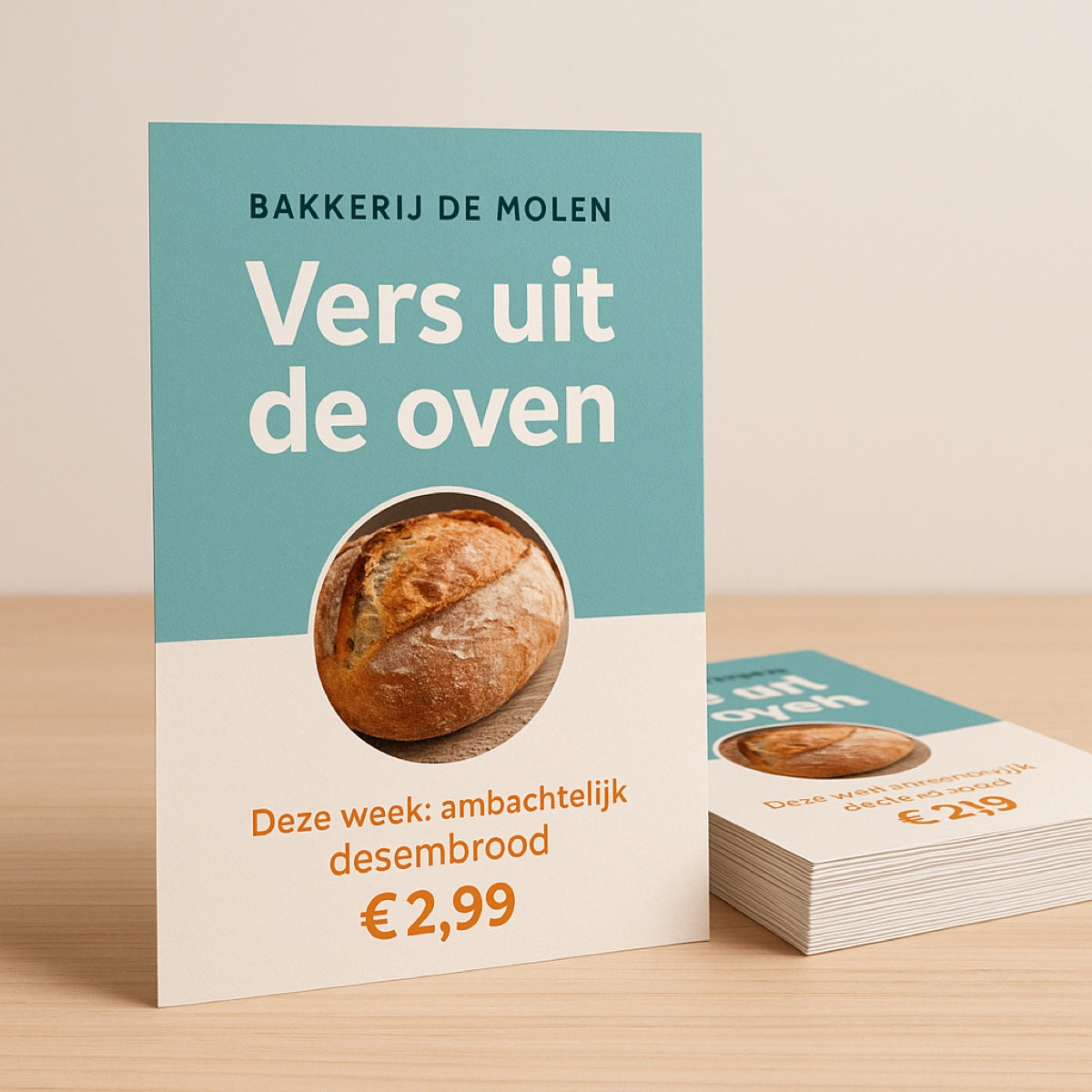 A5-flyer met voorbeeldontwerp voor een bakkerij, met stapeltje flyers