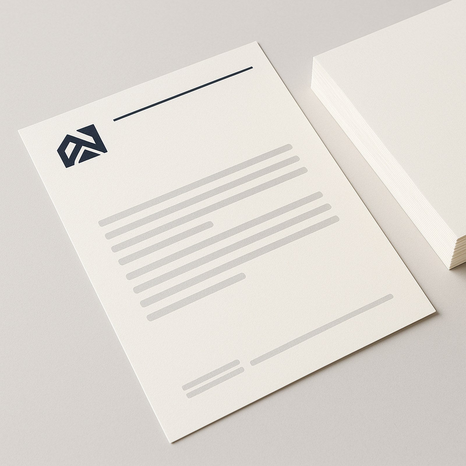 Bedrukt briefpapier op A4, met logo en huisstijl, naast een stapel vellen