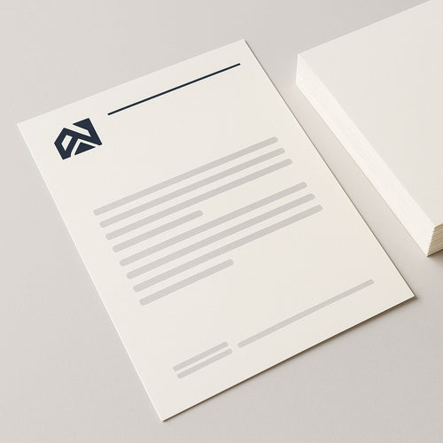 Bedrukt briefpapier op A4, met logo en huisstijl, naast een stapel vellen