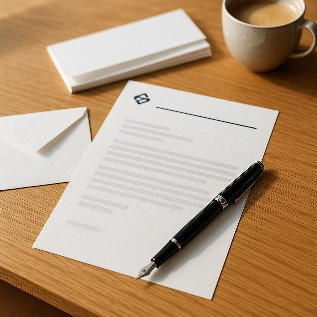 Briefpapier met vulpen en envelop op een bureau