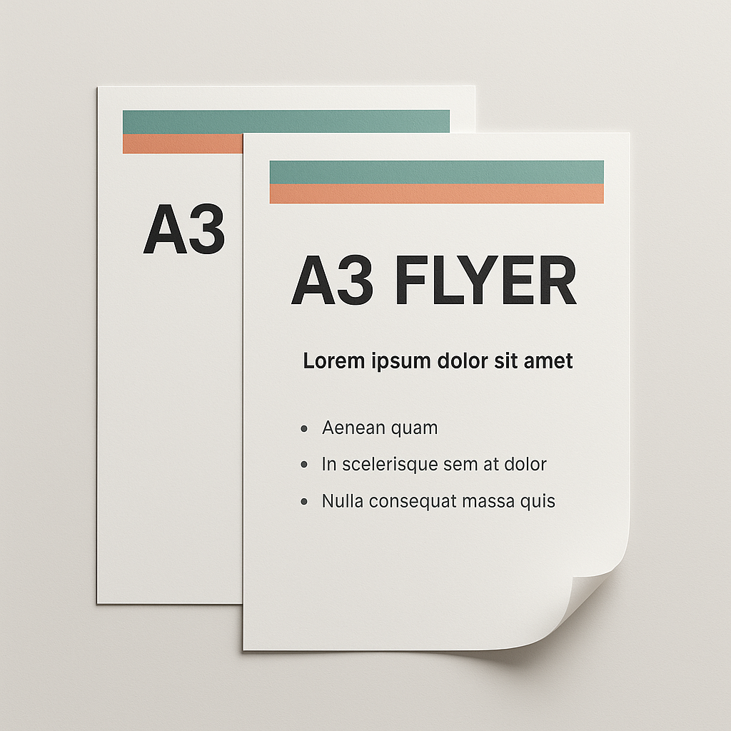 Twee A3-flyers waarvan er een met opgetilde hoek de papierdikte toont