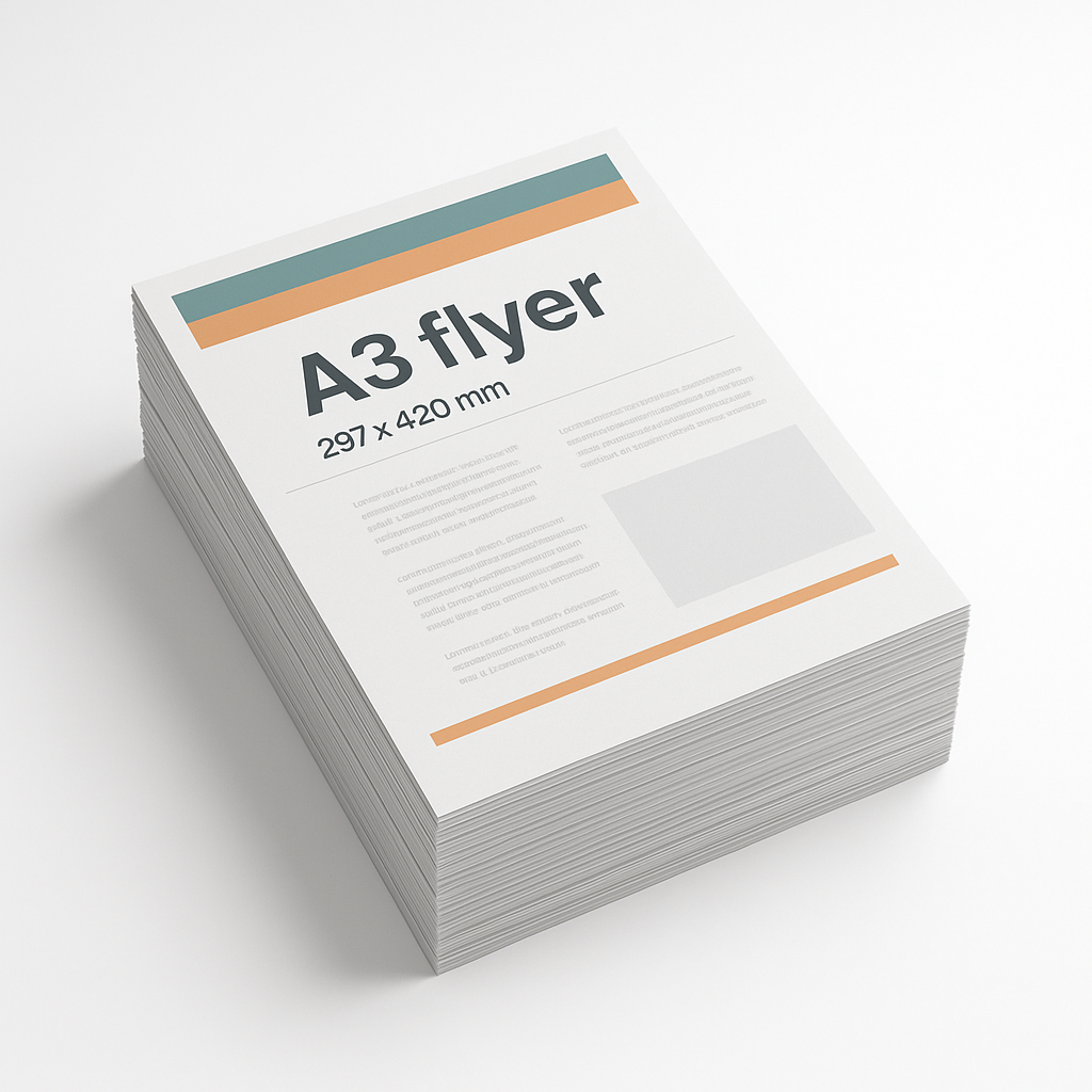 Stapel A3-flyers met teal en oranje balken en de tekst A3 flyer 297 x 420 mm