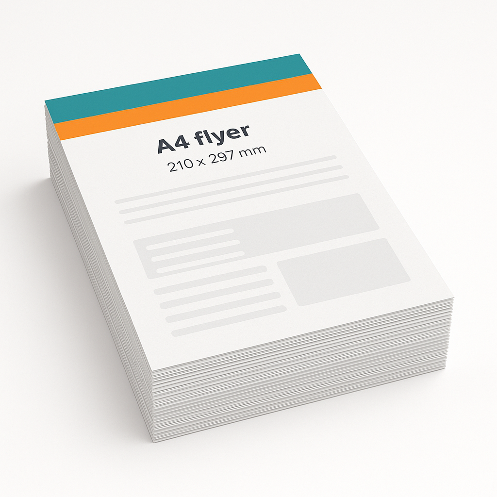 Stapel gedrukte A4 flyers 210 x 297 mm, dikte van het papier zichtbaar