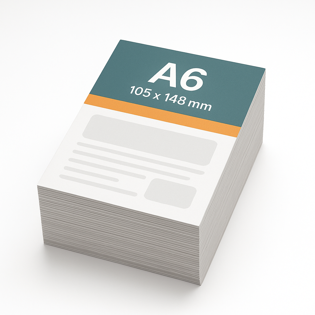 Stapel A6 flyers met formaat 105 x 148 mm op de flyer