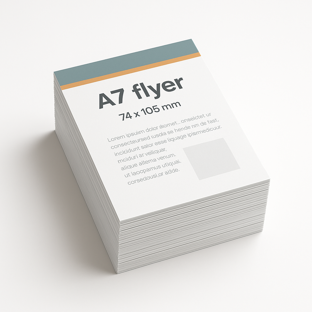 Stapel A7 flyers, 74 x 105 mm, op witte achtergrond