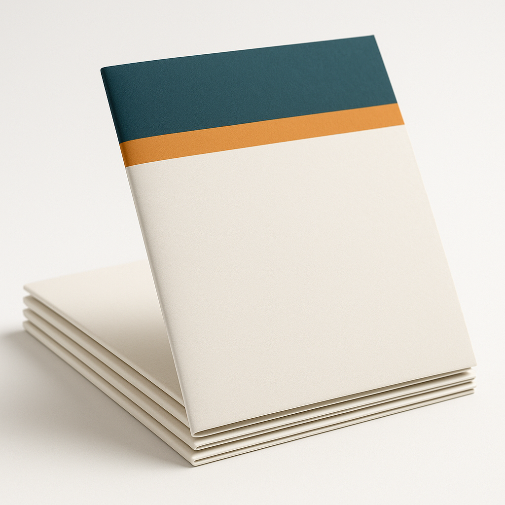 Nette stapel gevouwen A4-folders met strakke vouwen, in teal en oranje huisstijl op witte achtergrond