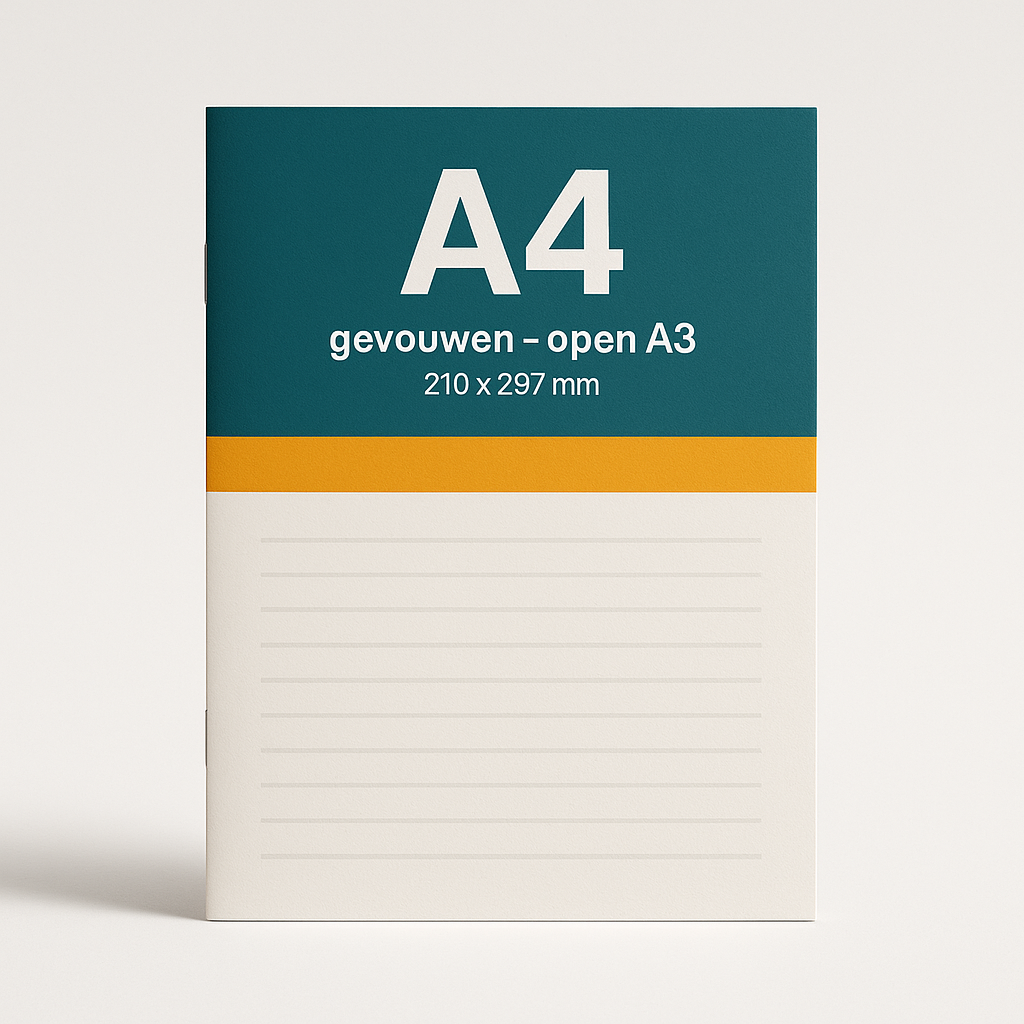 Dichte voorkant van een A4-folder, gevouwen, open A3 (210 x 297 mm), in teal en oranje huisstijl