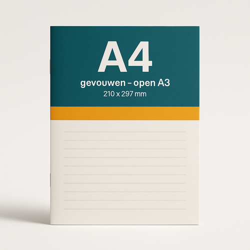 Dichte voorkant van een A4-folder, gevouwen, open A3 (210 x 297 mm), in teal en oranje huisstijl