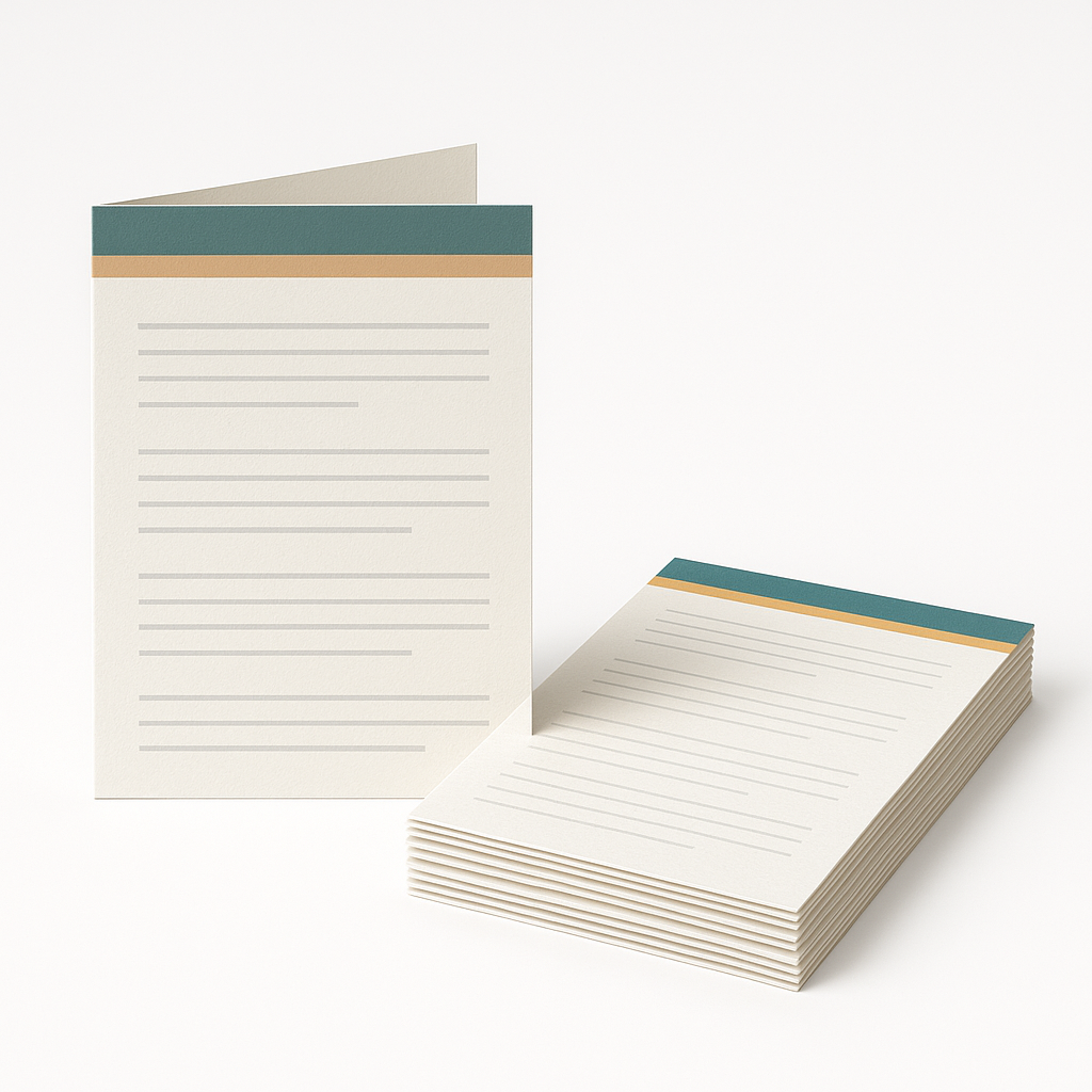Folders A5 gevouwen, staande half-open folder met een stapel folders op een witte achtergrond