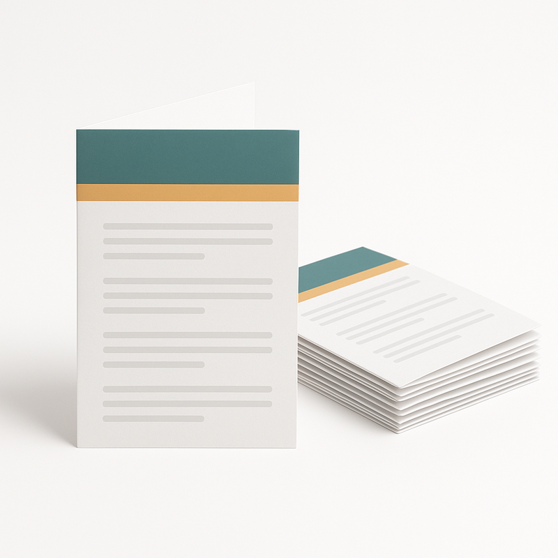 Gevouwen A6 folders, staand en gestapeld, full colour op wit