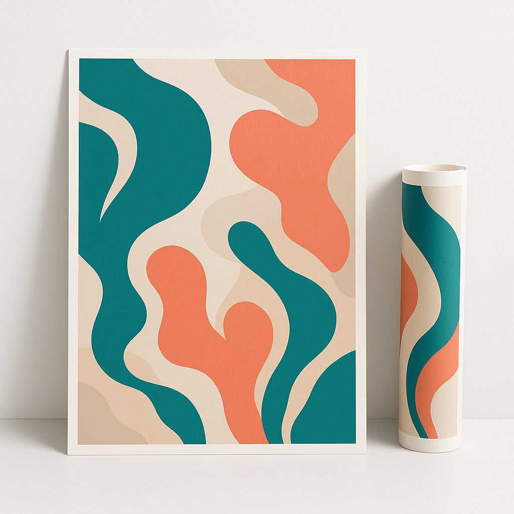 Full colour geprinte poster tegen een witte muur