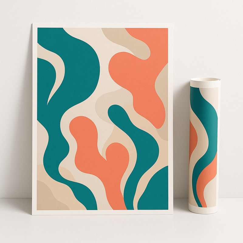 Full colour geprinte poster tegen een witte muur