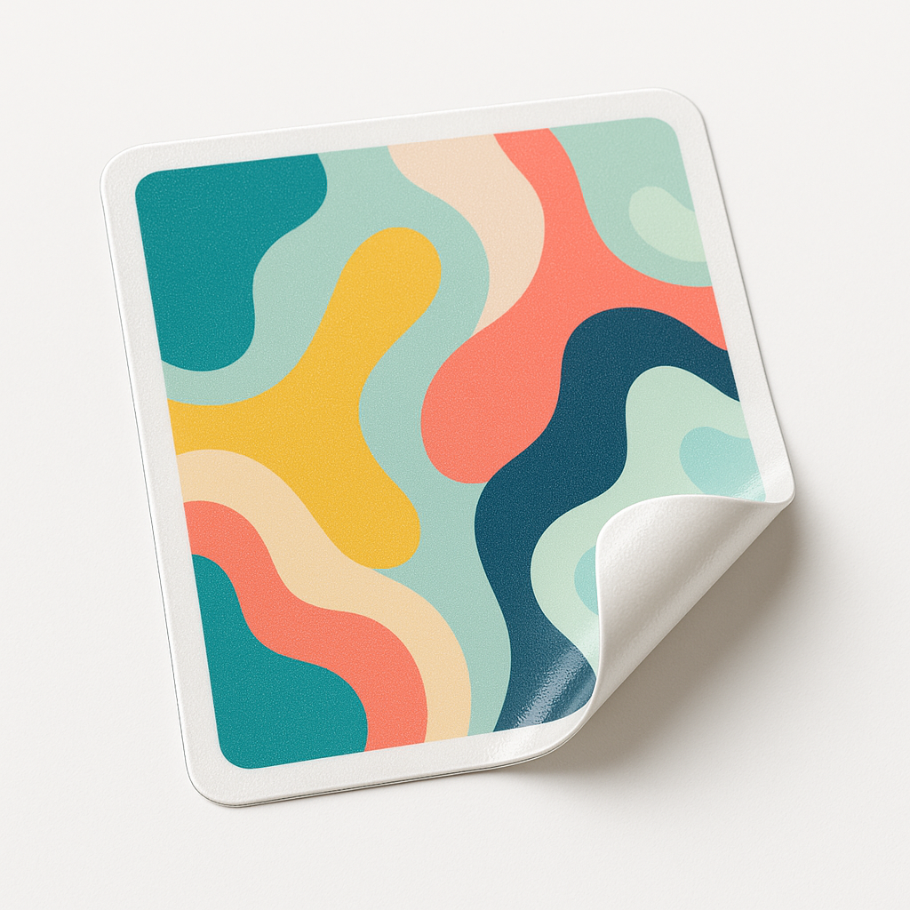 Close-up van een rechthoekige vinylsticker met opgetilde hoek en contour gesneden rand