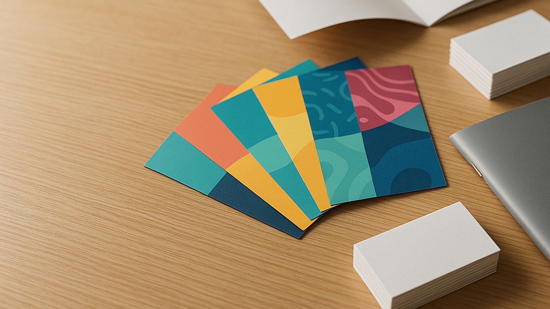 Kleurrijk vers drukwerk uitgewaaierd op een houten bureau: flyers, visitekaartjes en een folder